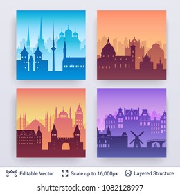 European famous city scapes set. Flat well known silhouettes. Vector illustration easy to edit for flyers or web banners.