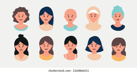 European female with different hairstyles collection.  Avatar set. Vector illustration in flat style
