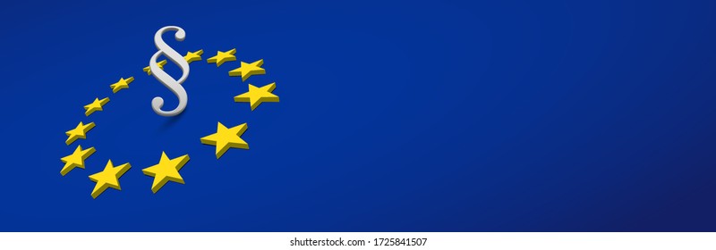 European flag banner with dimensional perspective of the stars and paragraph symbol. Blue background.