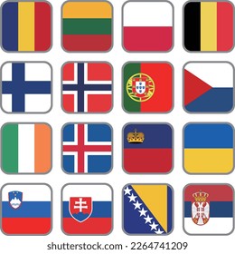 European flag icon vector material set,Romania,Lithuania,Monaco,Belgium,Finland,Norway,Portugal,Czech Republic,Ireland,Iceland,Liechtenstein,Ukraine,Slovenia,Slovakia,Bosnia and Herzegovina,Serbia