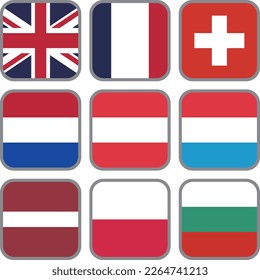 European flag icon vector material set,England,France,Switzerland,Netherlands,Austria,Luxembourg,Latvia,Monaco,Bulgaria