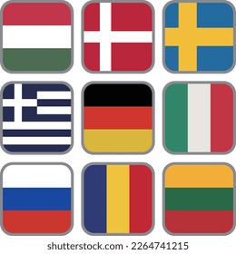 European flag icon vector material set,Hungary,Denmark,Sweden,Greece,Germany,Italy,Russia,Romania,Lithuania