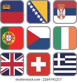 European flag icon vector material set,Liechtenstein,Bosnia and Herzegovina,Serbia,Portugal,Czech Republic,Ireland,England,Switzerland,Greece