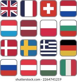 European flag icon vector material set,England,France,Switzerland,Netherlands,Luxembourg,Latvia,Monaco,Bulgaria,Denmark,Sweden,Greece,Germany,Russia,Austria,Hungary,Italy