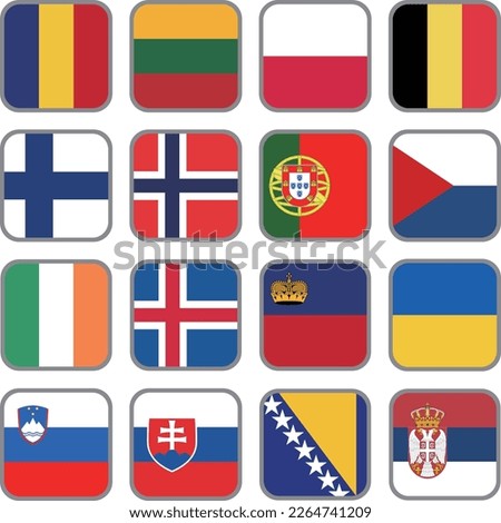 European flag icon vector material set,Romania,Lithuania,Monaco,Belgium,Finland,Norway,Portugal,Czech Republic,Ireland,Iceland,Liechtenstein,Ukraine,Slovenia,Slovakia,Bosnia and Herzegovina,Serbia
