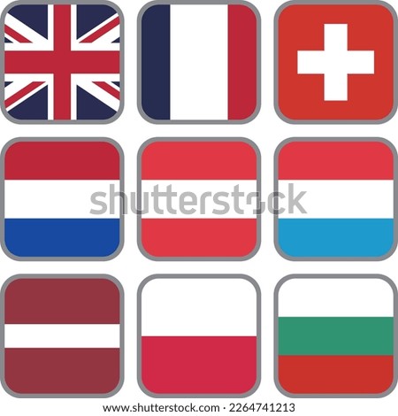 European flag icon vector material set,England,France,Switzerland,Netherlands,Austria,Luxembourg,Latvia,Monaco,Bulgaria