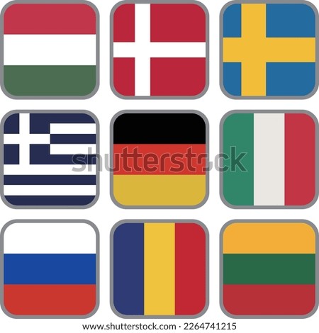 European flag icon vector material set,Hungary,Denmark,Sweden,Greece,Germany,Italy,Russia,Romania,Lithuania