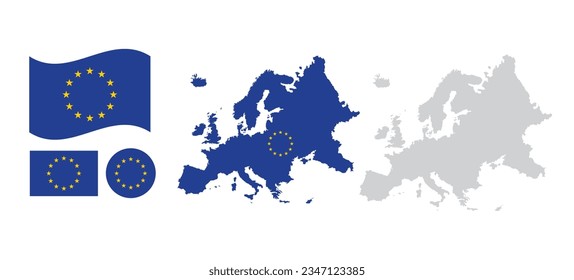 European flag  and European map evector illustration isolated on white background. European Union flag flat design.