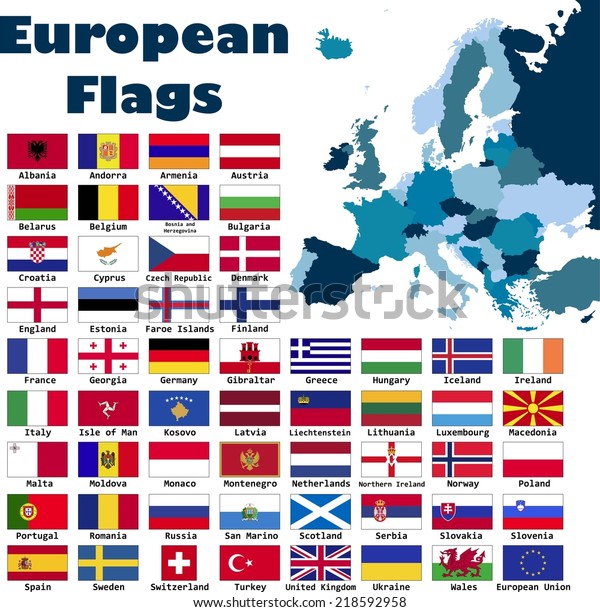 European Flag Set In Alphabetical Order With An Editable Map Of Europe 