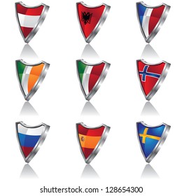 European Flag Shields Set 1 of 2 EPS 8 vector, no open shapes or paths. Grouped for easy editing.