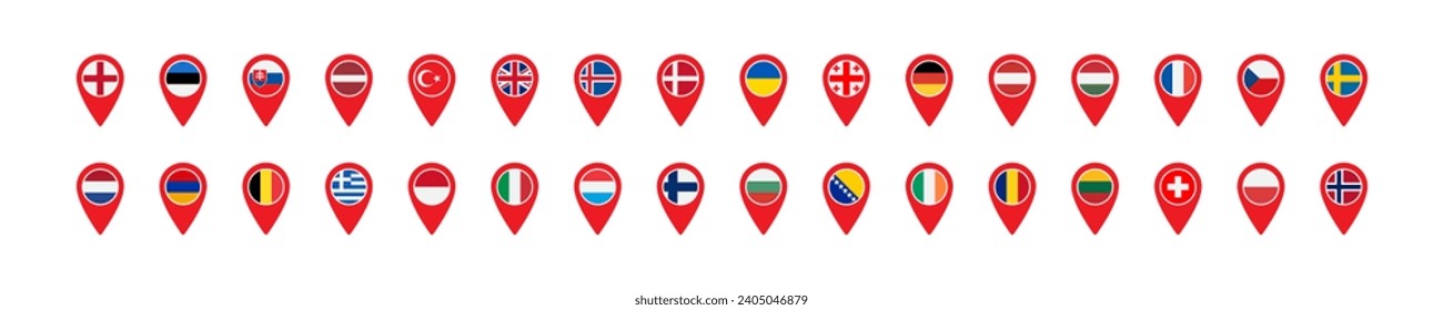 European flags in the geo location icon. Europe countries map pin set signs. Nation symbol. Banner of France, Germany, Italy, British, and other symbols. Square form icons. Vector isolated sign.