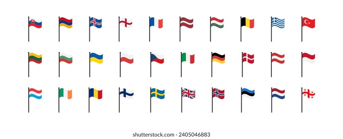 Icono de banderas europeas. Los países de Europa ponen señales. Símbolo de la nación. Cartel de Francia, Alemania, Italia, Gran Bretaña y otros símbolos. Iconos de formulario cuadrado. Signo aislado del vector.