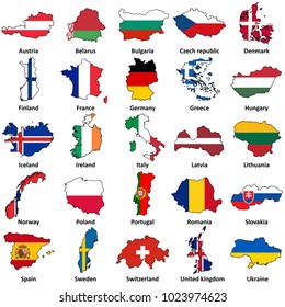 European flags in map shape on white | Vector flags in countries icon set isolated
