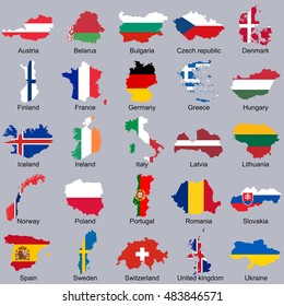 European flags in map shape | Vector flags in countries icon set isolated