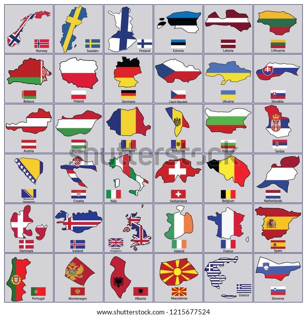 European Flags Map Shapeflags Countries Icon Stock Vector Royalty Free 1215677524