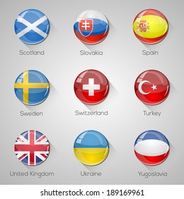 European flags set glossy buttons with long shadows. Vector illustration. Part 5