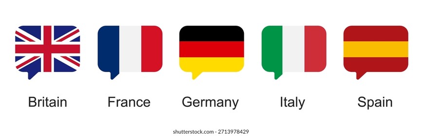 Se forman banderas europeas en burbujas de discurso. Conjunto de banderas de iconos de Botón. Concepto de traducción de idiomas. Reino Unido, Francia, Alemania, Italia, España