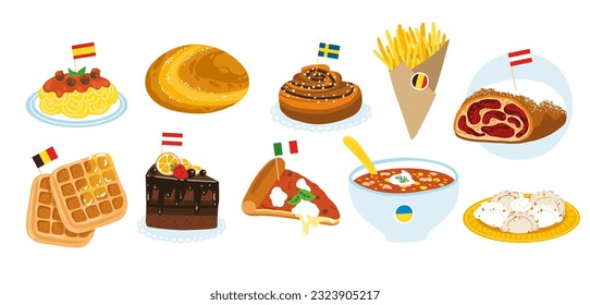 Comida europea. Cocina europea. Apetitosos platos nacionales en un sencillo estilo dibujado a mano. Ilustración vectorial colorida. Aislar sobre un fondo blanco