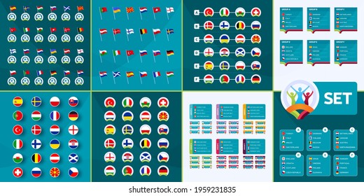 European football 2020 mega set. European football euro 2020 country flags, team groups and matches on tournament background vector set. infographic mega collection  euro 2021