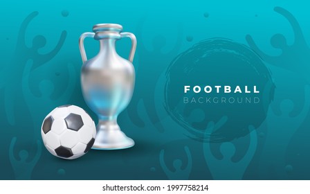 European football 2020. Realistic ball and victory cup graphic design on blue background with spots. Stylish background gradient with fans. Vector illustration. Isolated on blue background.