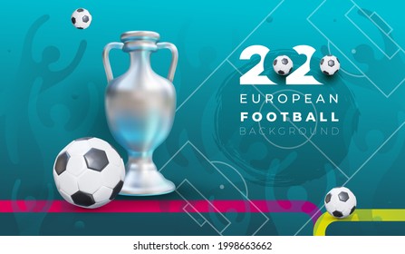 European football 2020. Realistic ball and victory cup football field design on blue background with spots. Stylish background gradient with fans. Vector illustration. Isolated on blue background.