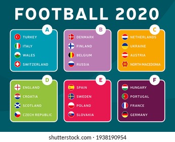 European football 2020 tournament final stage groups vector stock illustration. Euro 2020 European soccer tournament with background. Vector country flags