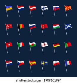 European Football Euro 2020 Tournament Flag Set. Vector Country Flag Set For Soccer Championship.