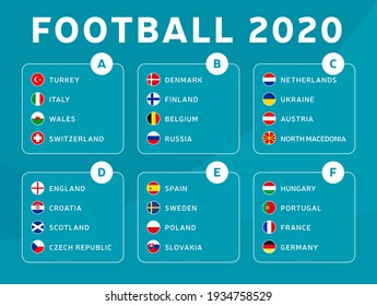 European football euro 2020 tournament final stage groups vector stock illustration. Euro 2020 European soccer tournament with background. Vector country flags