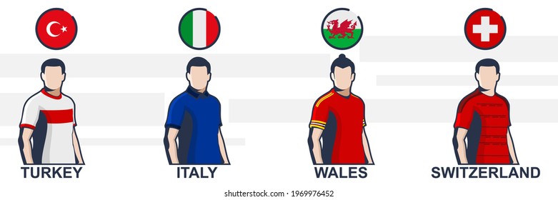 European Football jersey 2021. Turkey, Italy, Wales, and Switzerland.  Icon football jersey vector illustration.