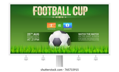 European football, soccer cup ad on billboard. Template with flags of participants. Green field with grass and classic ball. 3D illustration, template for print design for football, soccer events.
