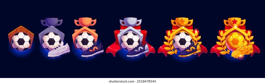 European football soccer game rank award, sport badges evolution from wooden to bronze, silver and golden. Cartoon vector achievement, competition, and sportsmanship trophies for celebrating success