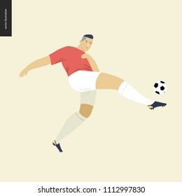 European football, soccer player - flat vector illustration of a young man wearing european football player equipment kicking a soccer ball