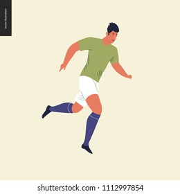 European football, soccer player - flat vector illustration of a running young man wearing european football player equipment