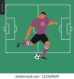 European football, soccer player - flat vector illustration of a young man wearing european football player equipment kicking a soccer ball on the background of green football field with white marking