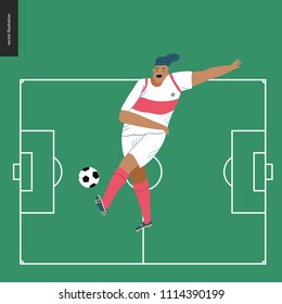 European football, soccer player - flat vector illustration of a young man wearing european football player equipment kicking a soccer ball on the background of green football field with white marking