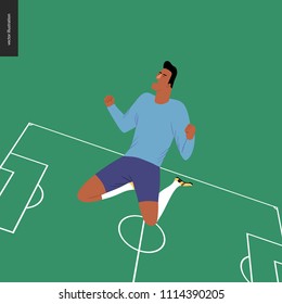 European football, soccer player - flat vector illustration - soccer player winning a victory - a young man wearing the European football equipment clenching his fists in victory, sitting on his knees