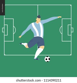 European football, soccer player - flat vector illustration of a young man wearing european football player equipment kicking a soccer ball on the background of green football field with white marking