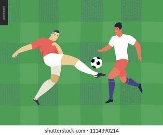 European football, soccer players - flat vector illustration of a young men wearing european football player equipment kicking a soccer ball on the background of green grass checked football field