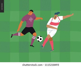 European football, soccer players - flat vector illustration of a young men wearing european football player equipment kicking a soccer ball on the background of green grass checked football field