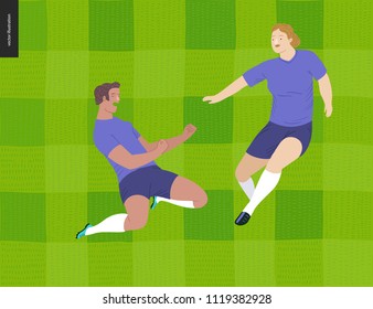 European football, soccer players -flat vector illustration - soccer players winning victory - young women wearing European football equipment clenching their fists in victory on grass checked field