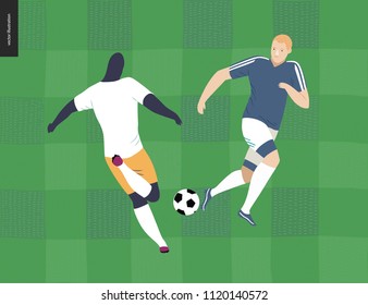 European football, soccer players - flat vector illustration of a young men wearing european football player equipment kicking a soccer ball on the background of green grass checked football field