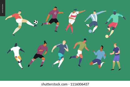 European football, soccer players set - flat vector illustration of a young men wearing european football player equipment kicking a soccer ball, running or standing on the green football field