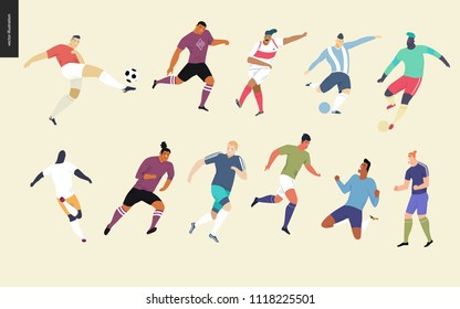 European football, soccer players set - flat vector illustration of a young men wearing european football player equipment kicking a soccer ball, running or standing on the green football field