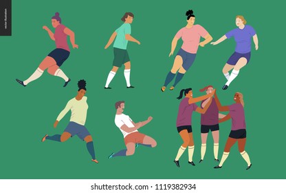 European football, soccer players set - flat vector illustration of a young women wearing european football player equipment kicking a soccer ball, running or standing on the green football field