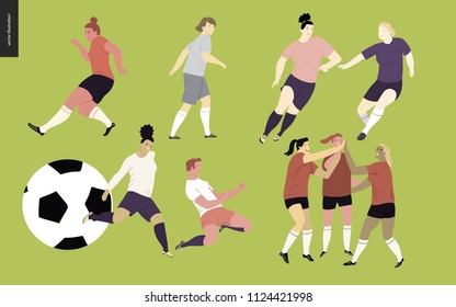 European football, soccer players set - flat vector illustration of a young women wearing european football player equipment kicking a soccer ball, running or standing on the green football field