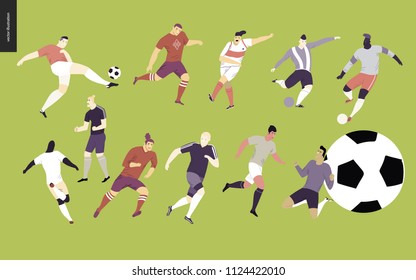 European football, soccer players set - flat vector illustration of a young men wearing european football player equipment kicking a soccer ball, running or standing on the green football field