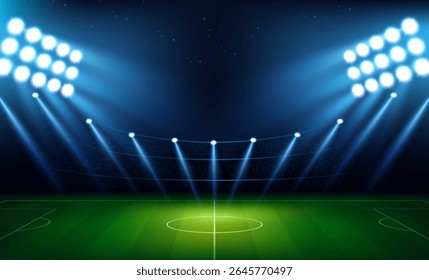 European football stadium. Soccer arena with green grass field, spotlights and lights. Night scene with sport game playground. Football championship or competition. Realistic 3D vector illustration