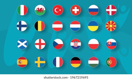 European football tournament 2020. Set of national flags of football teams on funny backround. Vector illustration.