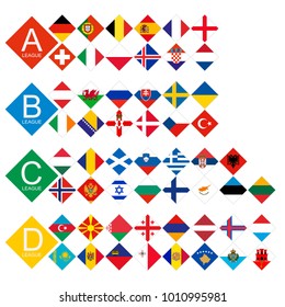 European football tournament all competitors Flag sorted by League. 55 European national teams flag.