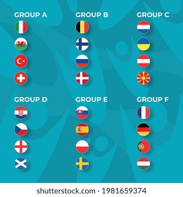 European football tournament group stage. Set of national flags of football teams on funny backround. Vector illustration.